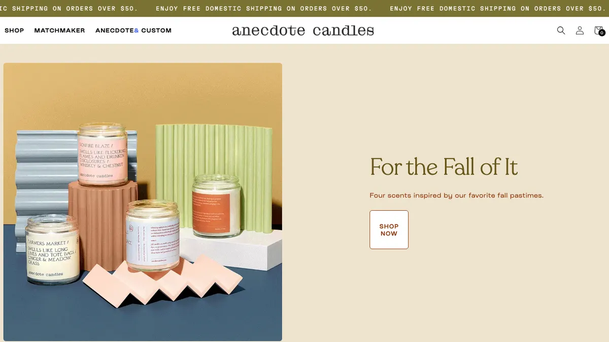 Screenshot of the Anecdote Candles website